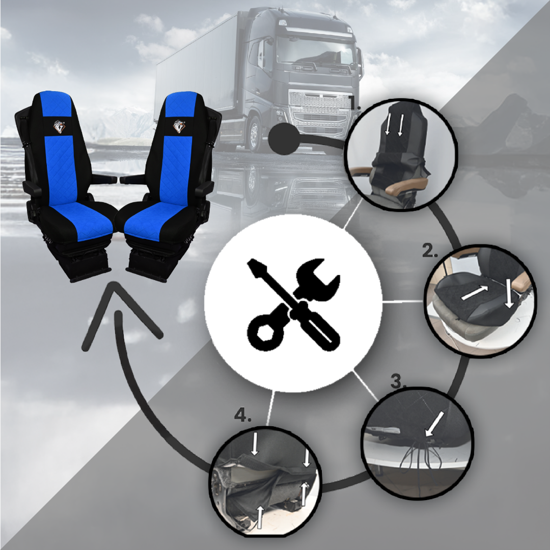 Pokrowce na fotele VOLVO FH4, FH, FH16, FMX, FM od 2013, FH5 od 2021, AERO od 2024 - 2 pasy NIEBIESKI SABA