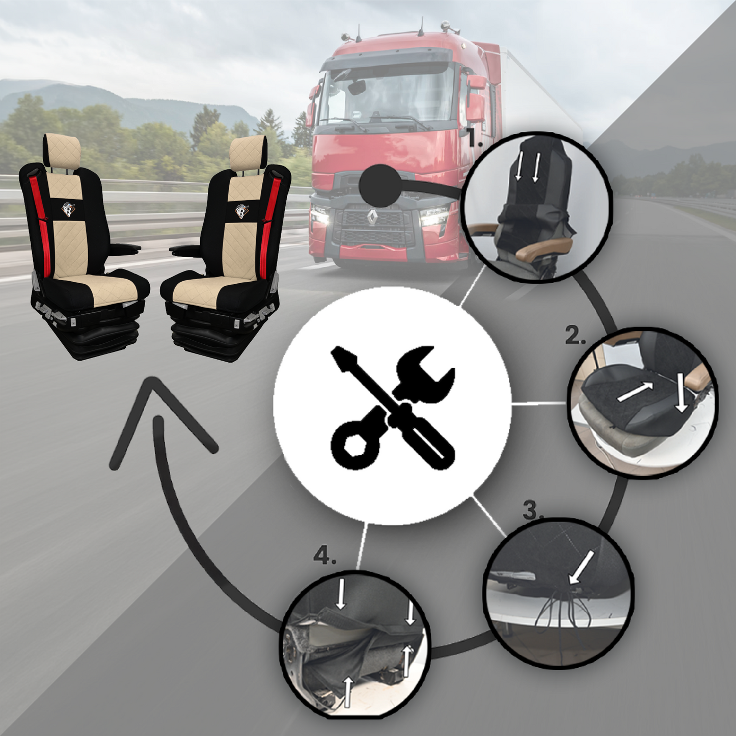Pokrowce na fotele Renault Gama T od 2014 z zagłówkami regulowanymi 2 pasy BEŻ SABA