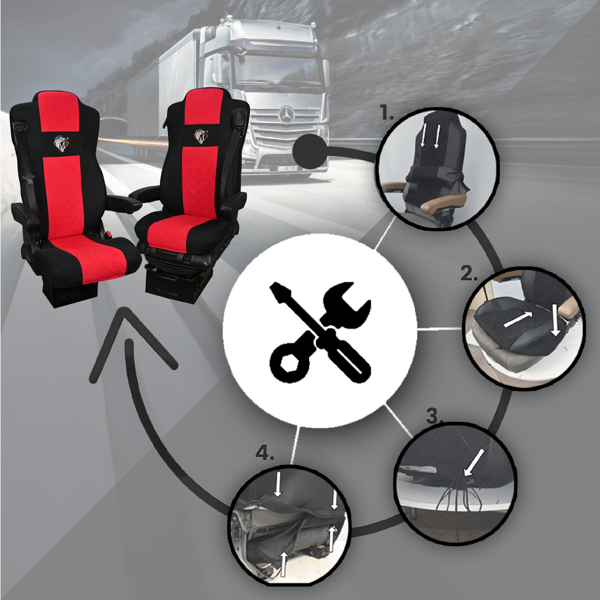 Pokrowce na fotele MERCEDES ACTROS MP4, AROX od 2011, MP5 od 2019 pasażer nieamortyzowany CZERWONY SABA