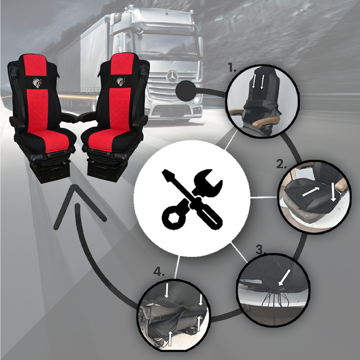 Pokrowce na fotele MERCEDES ACTROS MP4, AROX od 2011, MP5 od 2019 pasażer amortyzowany CZERWONY SABA