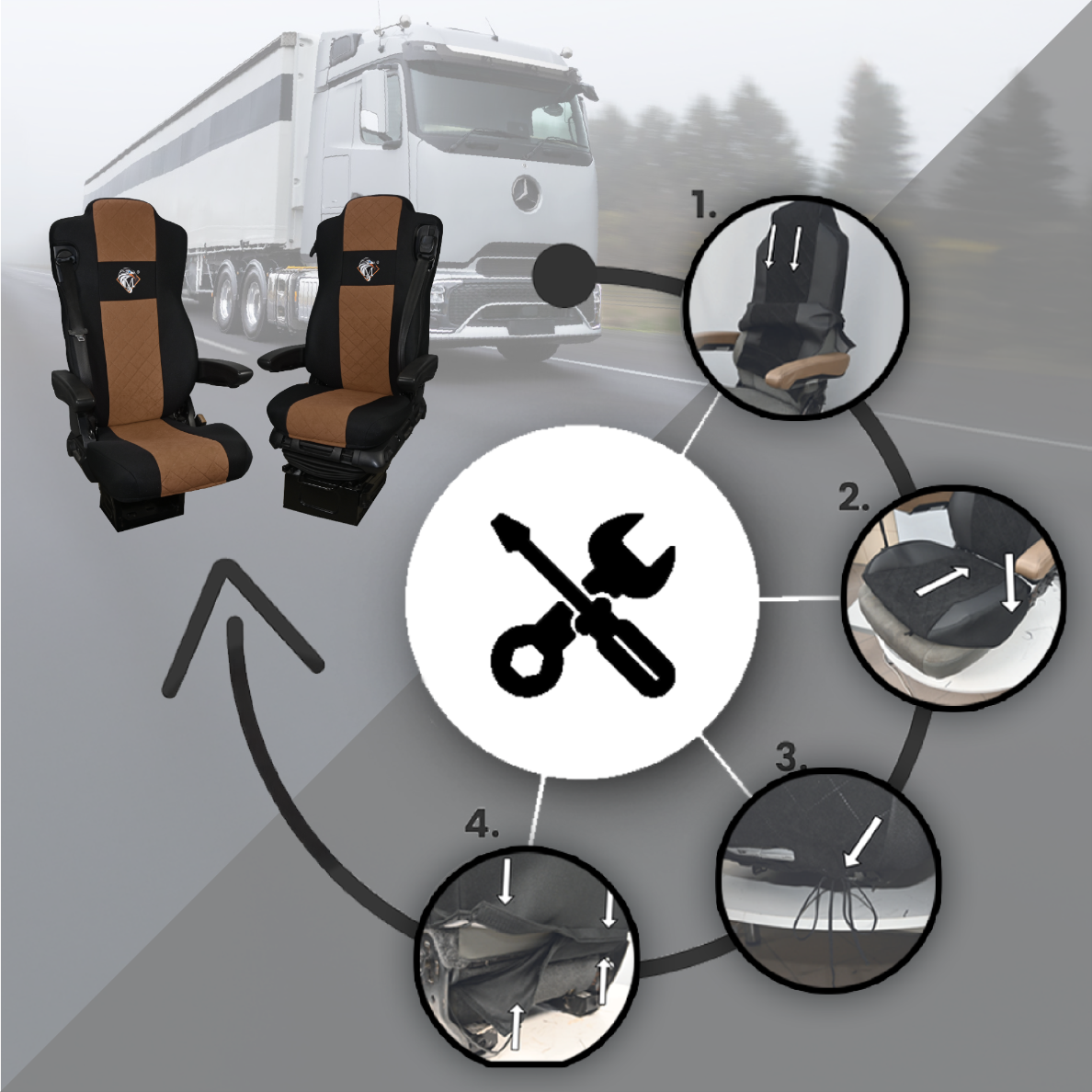 Pokrowce na fotele MERCEDES ACTROS L od 2022 2pasy, fotele lotnicze, fotel pasażera nieamortyzowany BRĄZ SABA