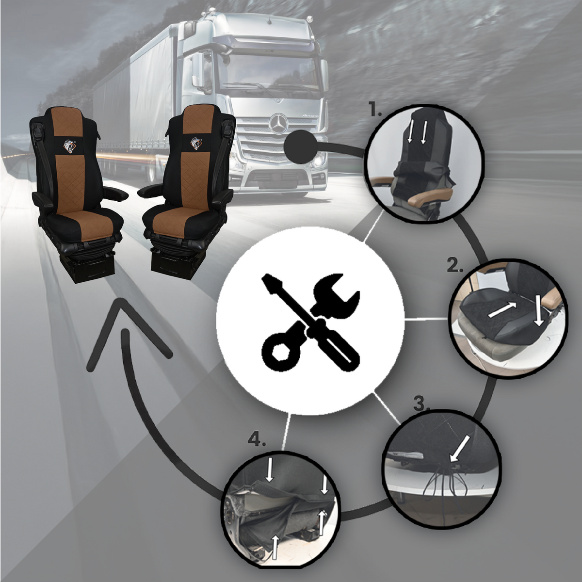 Pokrowce na fotele MERCEDES ACTROS MP4, AROX od 2011, MP5 od 2019 pasażer amortyzowany BRĄZ SABA