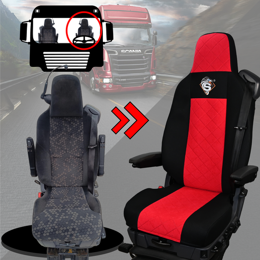 Pokrowce na fotele SCANIA seria R od 2013, seria S od 2017, fotele lotnicze 2 pasy, fotel kierowcy i pasażera PREMIUM - KONFIGURACJA D - CZERWONY SABA