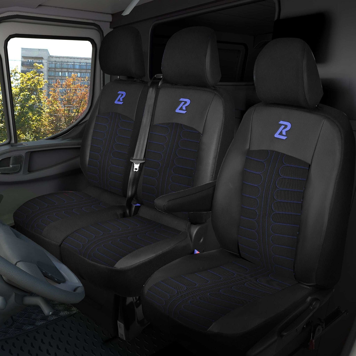 Pokrowce na fotele TORNADO Renault Trafic 3, Opel Vivaro B, Fiat Talento, Nissan NV300 1+2 (Kanapa z 2 zagłówkami siedzisko dzielone) - Czarno niebieskie