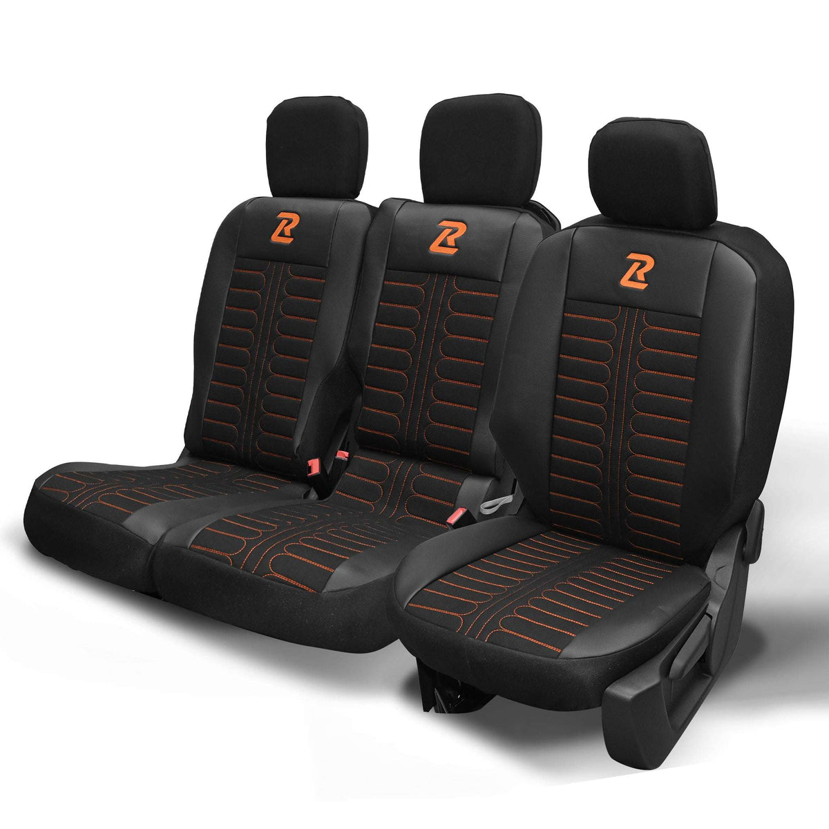 Pokrowce na fotele samochodowe TORNADO Citroen Berlingo 3, Fiat Doblo 3, Peugeot Partner 3, Opel Combo E, Toyota Proace City 1+2 Czarno - Pomarańczowy