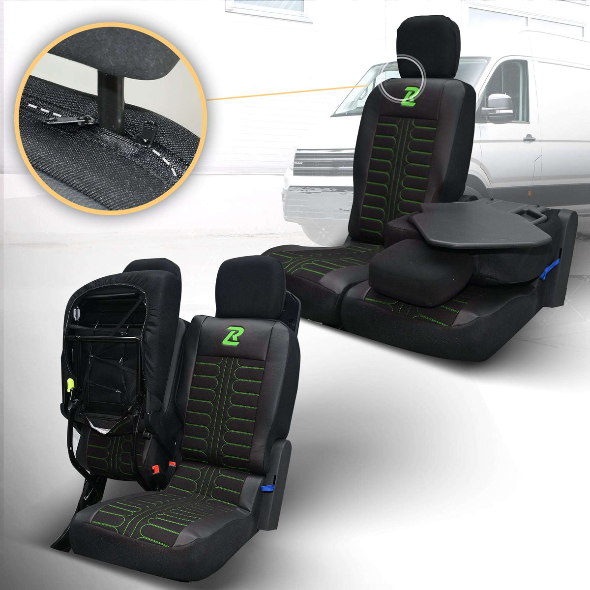 Pokrowce na fotele samochodowe TORNADO Citroen Berlingo 3, Fiat Doblo 3, Peugeot Partner 3, Opel Combo E, Toyota Proace City 1+2 Czarno - Zielone