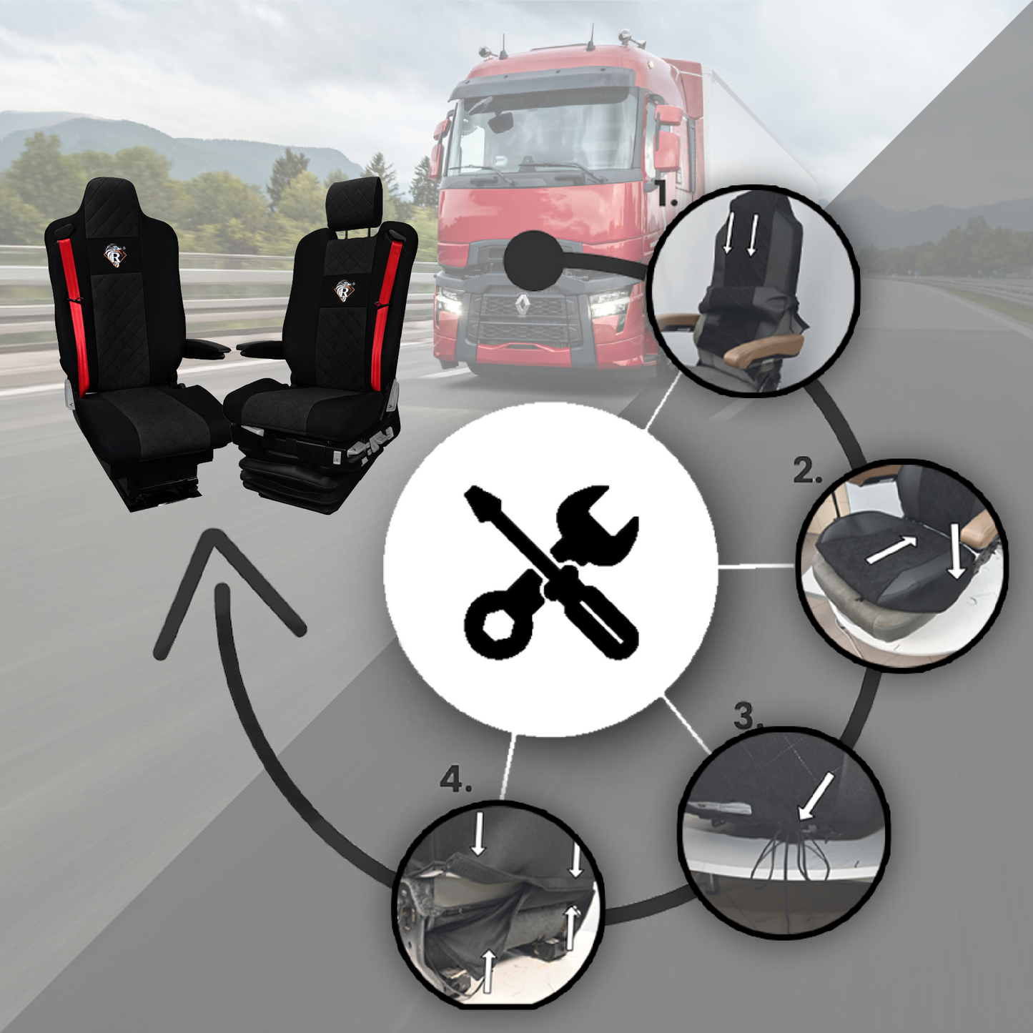 Pokrowce na fotele Renault Gama T od 2014 kierowca z zagłówkiem, pasażer lotniczy 2 pasy CZARNY SABA