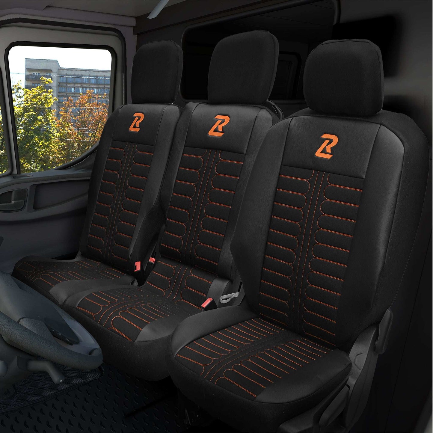 Pokrowce na fotele samochodowe TORNADO Citroen Berlingo 3, Fiat Doblo 3, Peugeot Partner 3, Opel Combo E, Toyota Proace City 1+2 Czarno - Pomarańczowy