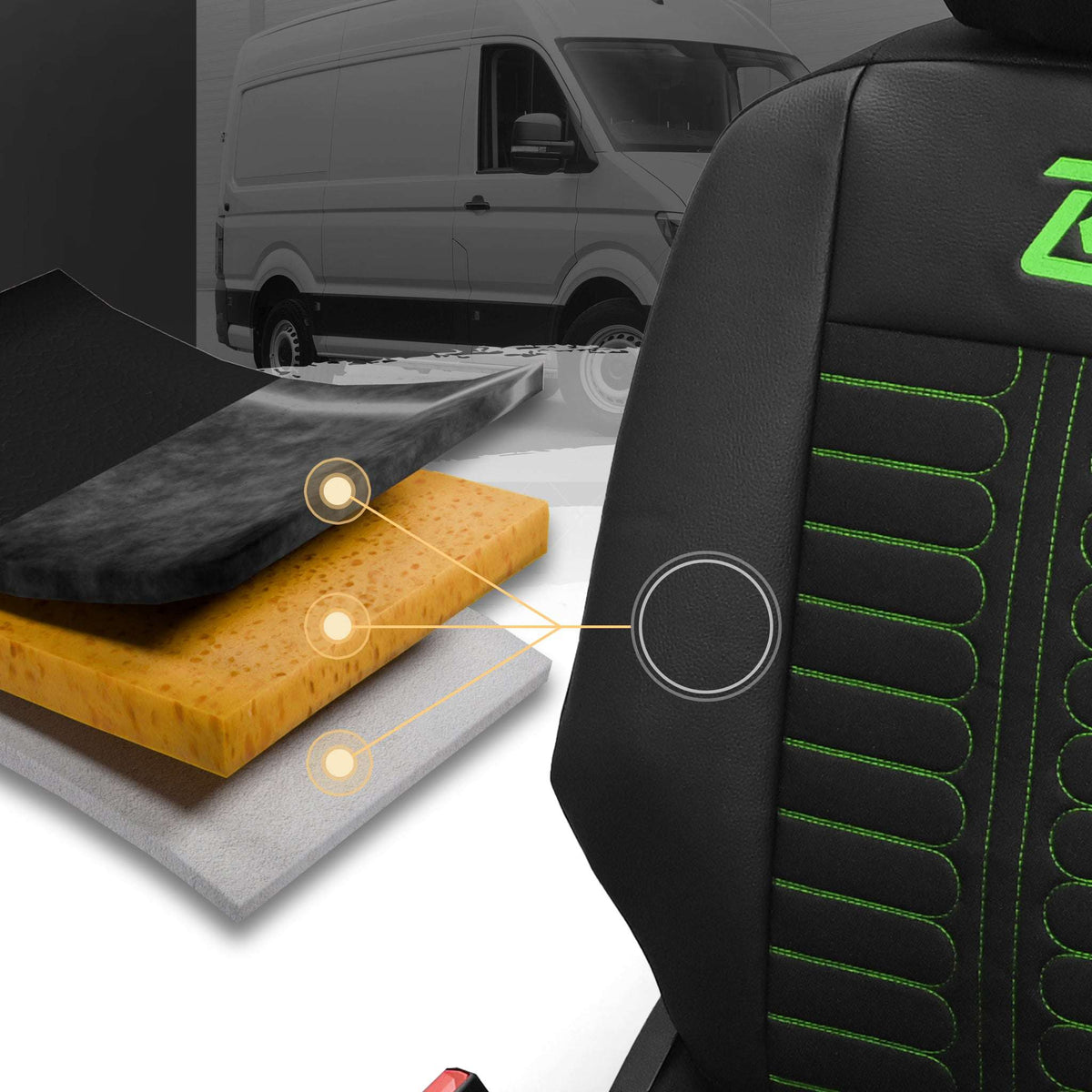 Pokrowce na fotele samochodowe TORNADO Citroen Berlingo 3, Fiat Doblo 3, Peugeot Partner 3, Opel Combo E, Toyota Proace City 1+2 Czarno - Zielone