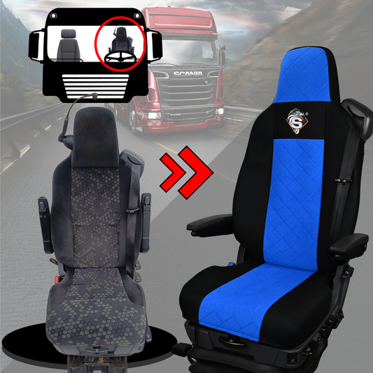 Pokrowce na fotele SCANIA seria R od 2013, seria S od 2017, fotele różne 1pas, fotel kierowcy PREMIUM - KONFIGURACJA B - NIEBIESKI SABA