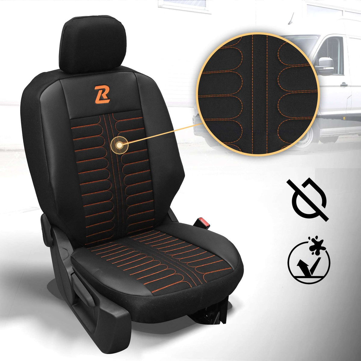 Pokrowce na fotele samochodowe TORNADO Citroen Berlingo 3, Fiat Doblo 3, Peugeot Partner 3, Opel Combo E, Toyota Proace City 1+2 Czarno - Pomarańczowy