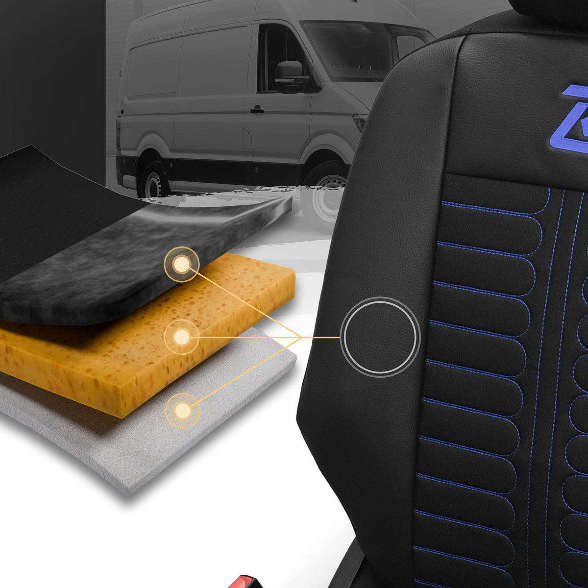 Pokrowce na fotele samochodowe TORNADO Citroen Berlingo 3, Fiat Doblo 3, Peugeot Partner 3, Opel Combo E, Toyota Proace City 1+2 Czarno - Niebieski