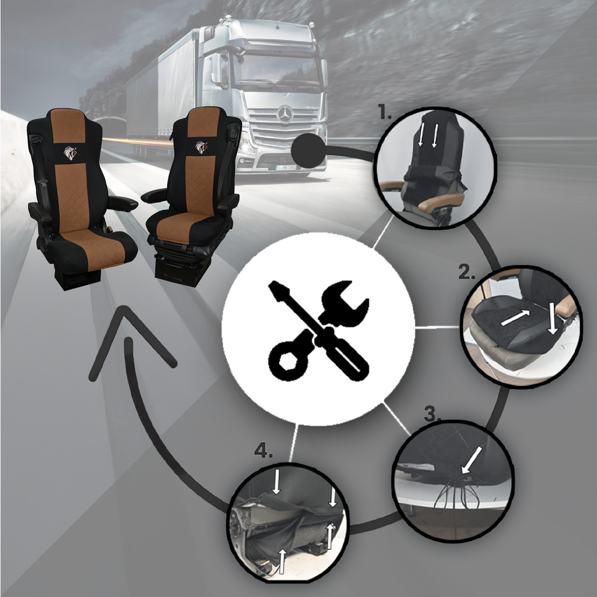 Pokrowce na fotele MERCEDES ACTROS MP4, AROX od 2011, MP5 od 2019 pasażer nieamortyzowany BRĄZ SABA