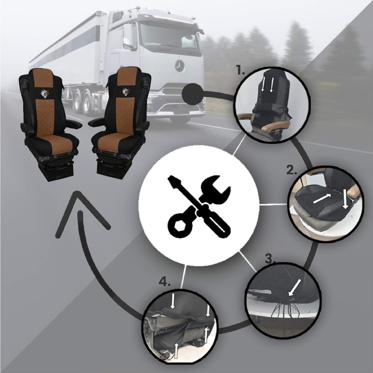 Pokrowce na fotele MERCEDES ACTROS L od 2022 2pasy, fotele lotnicze, fotel pasażera amortyzowany BRĄZ SABA