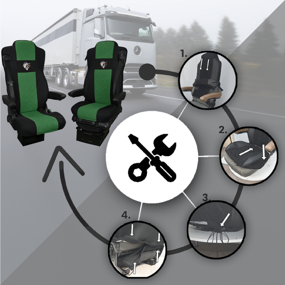 Pokrowce na fotele MERCEDES ACTROS L od 2022 2pasy, fotele lotnicze, fotel pasażera nieamortyzowany ZIELONY SABA