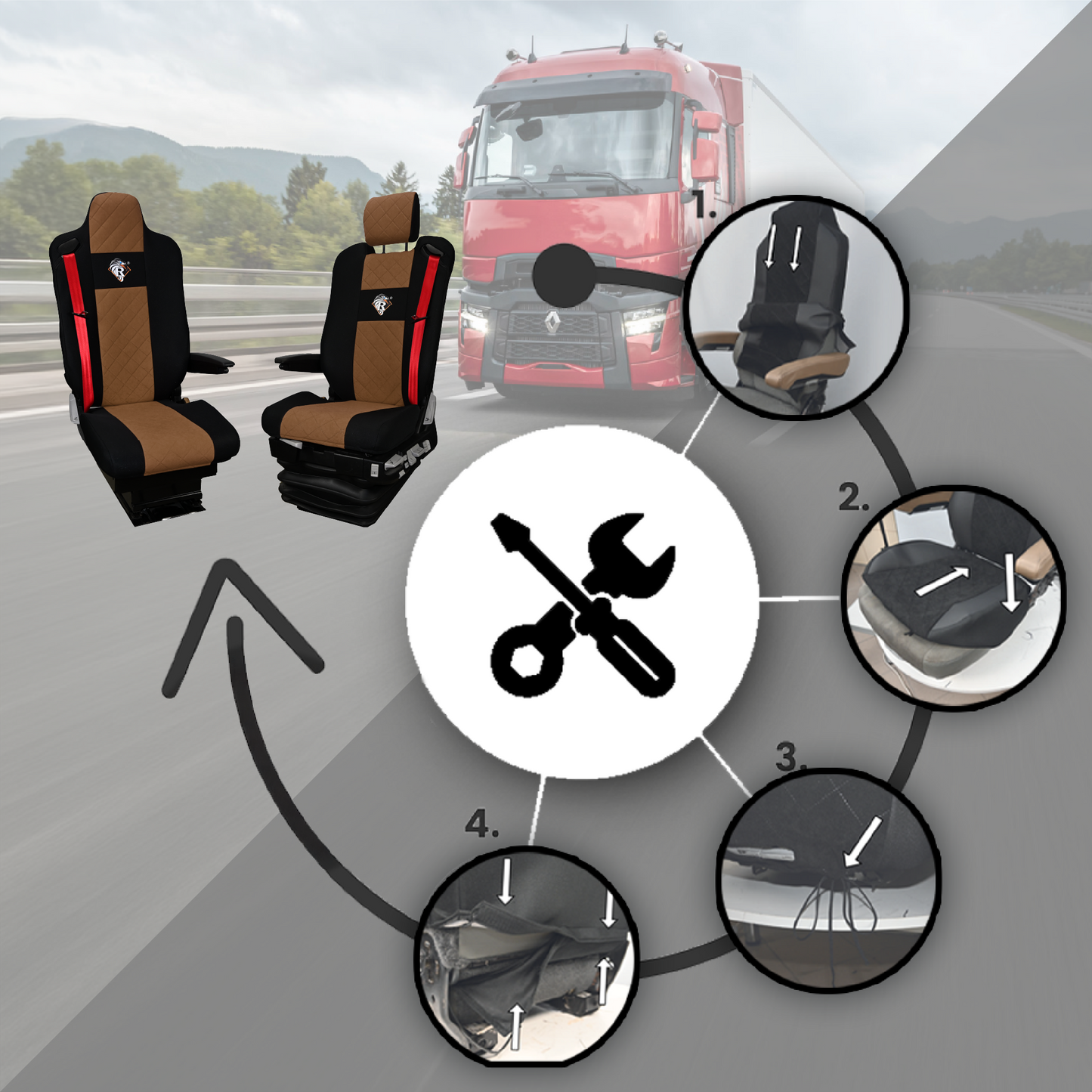 Pokrowce na fotele Renault Gama T od 2014 kierowca z zagłówkiem, pasażer lotniczy 2 pasy BRĄZ SABA