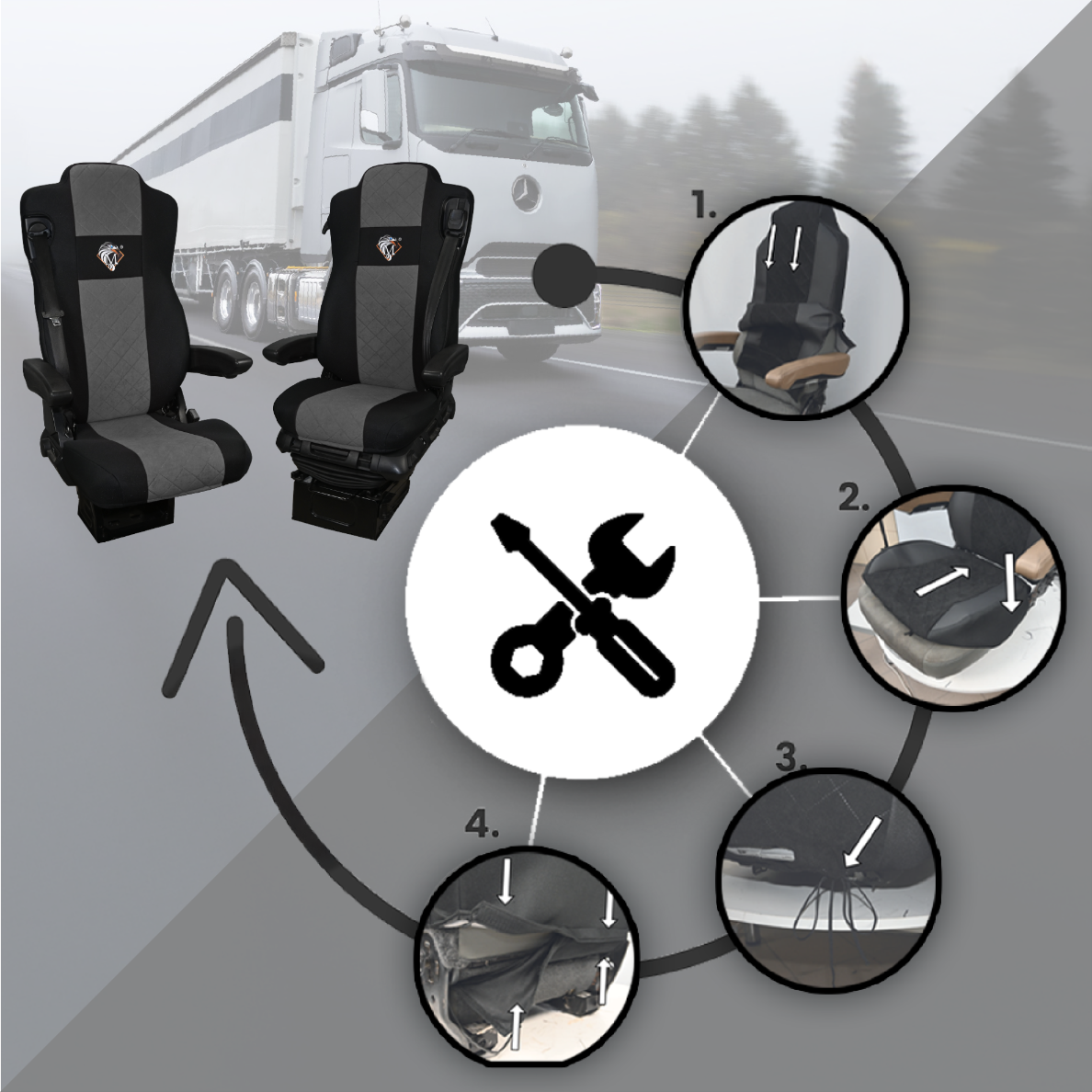 Pokrowce na fotele MERCEDES ACTROS L od 2022 2pasy, fotele lotnicze, fotel pasażera nieamortyzowany SZARY SABA