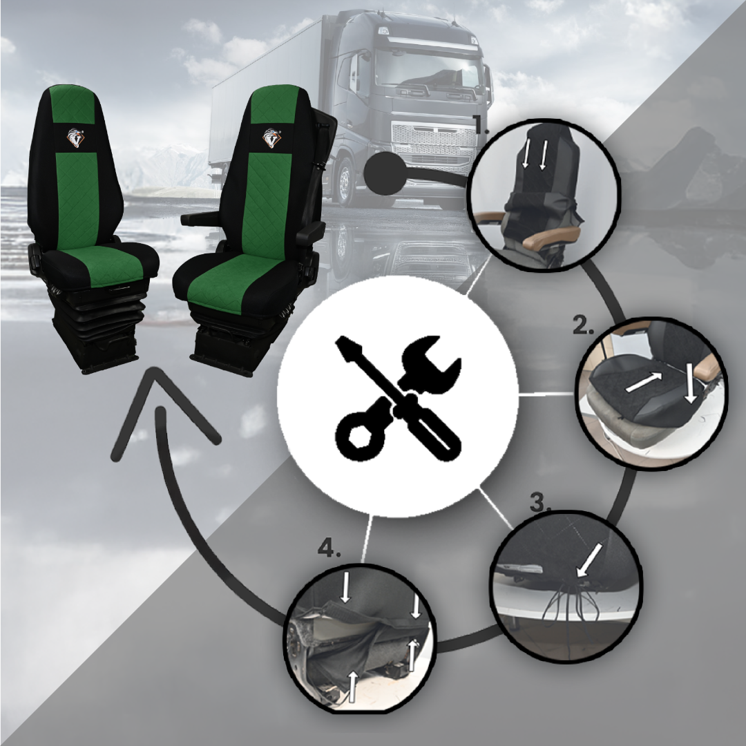 Pokrowce na fotele VOLVO FH4, FH, FH16, FMX, FM od 2013, FH5 od 2021, AERO od 2024 - 1 pas ZIELONY SABA