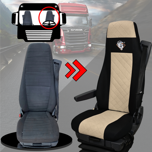 Pokrowce na fotele SCANIA seria R od 2004, 1+1, fotele lotnicze 2 pasy, fotel kierowcy i pasażera BASIC - KONFIGURACJA C - BEŻ SABA