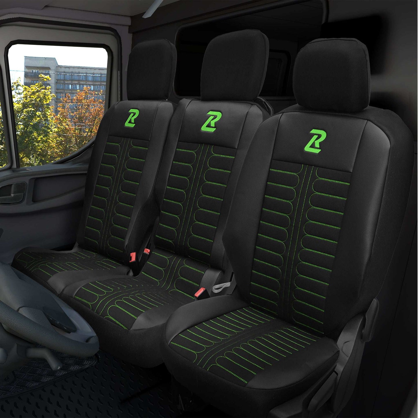 Pokrowce na fotele samochodowe TORNADO Citroen Berlingo 3, Fiat Doblo 3, Peugeot Partner 3, Opel Combo E, Toyota Proace City 1+2 Czarno - Zielone