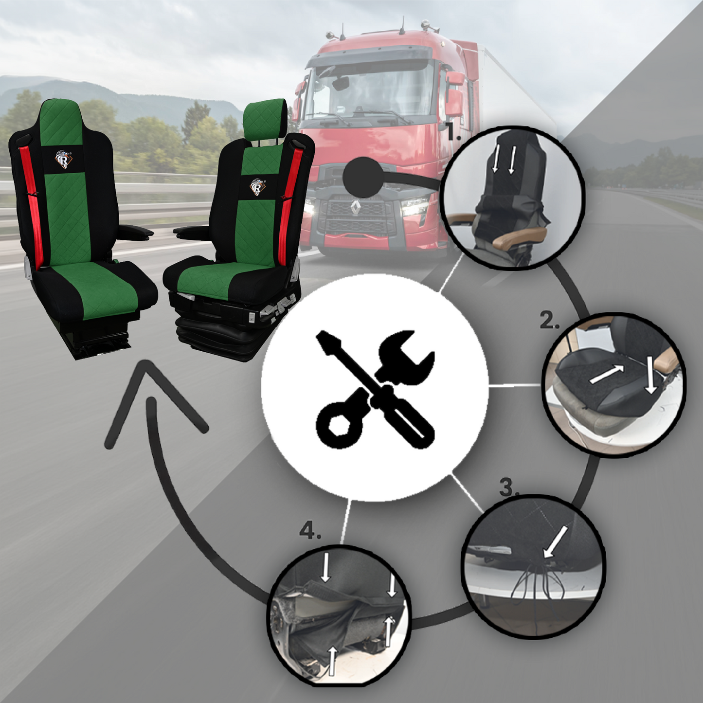 Pokrowce na fotele Renault Gama T od 2014 kierowca z zagłówkiem, pasażer lotniczy 2 pasy ZIELONY SABA