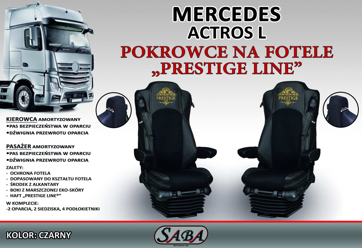 Pokrowce na fotele PRESTIGE-LINE Mercedes Actros L od 2022 fotel pasażera amortyzowany CZARNY SABA