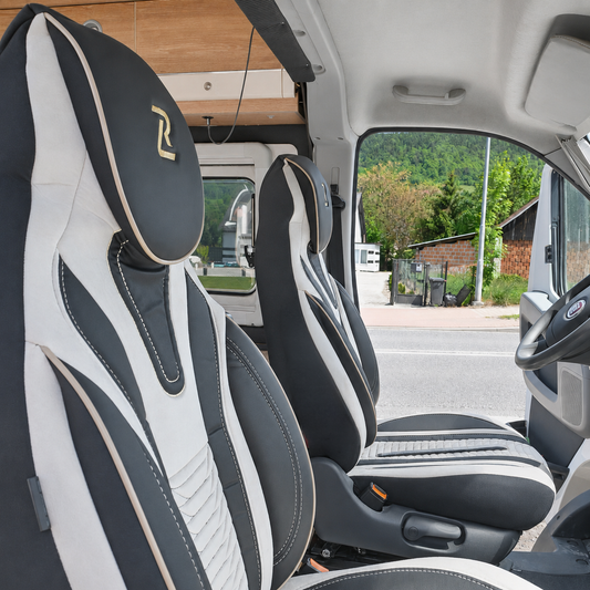 Pokrowce na fotele do Kampera Fiat Ducato, Peugeot Boxer, Citroen Jumper, Opel Movano C - PORTOFINO - Beżowo czarne LUCARO