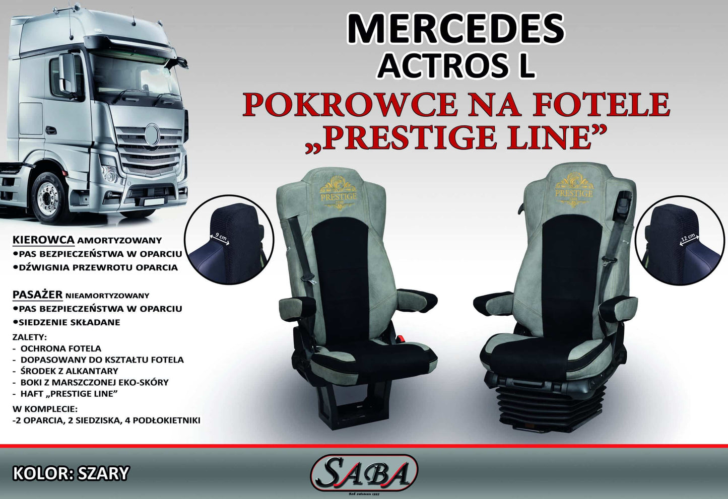 Pokrowce na fotele PRESTIGE-LINE Mercedes Actros L od 2022 fotel pasażera nieamortyzowany SZARY SABA