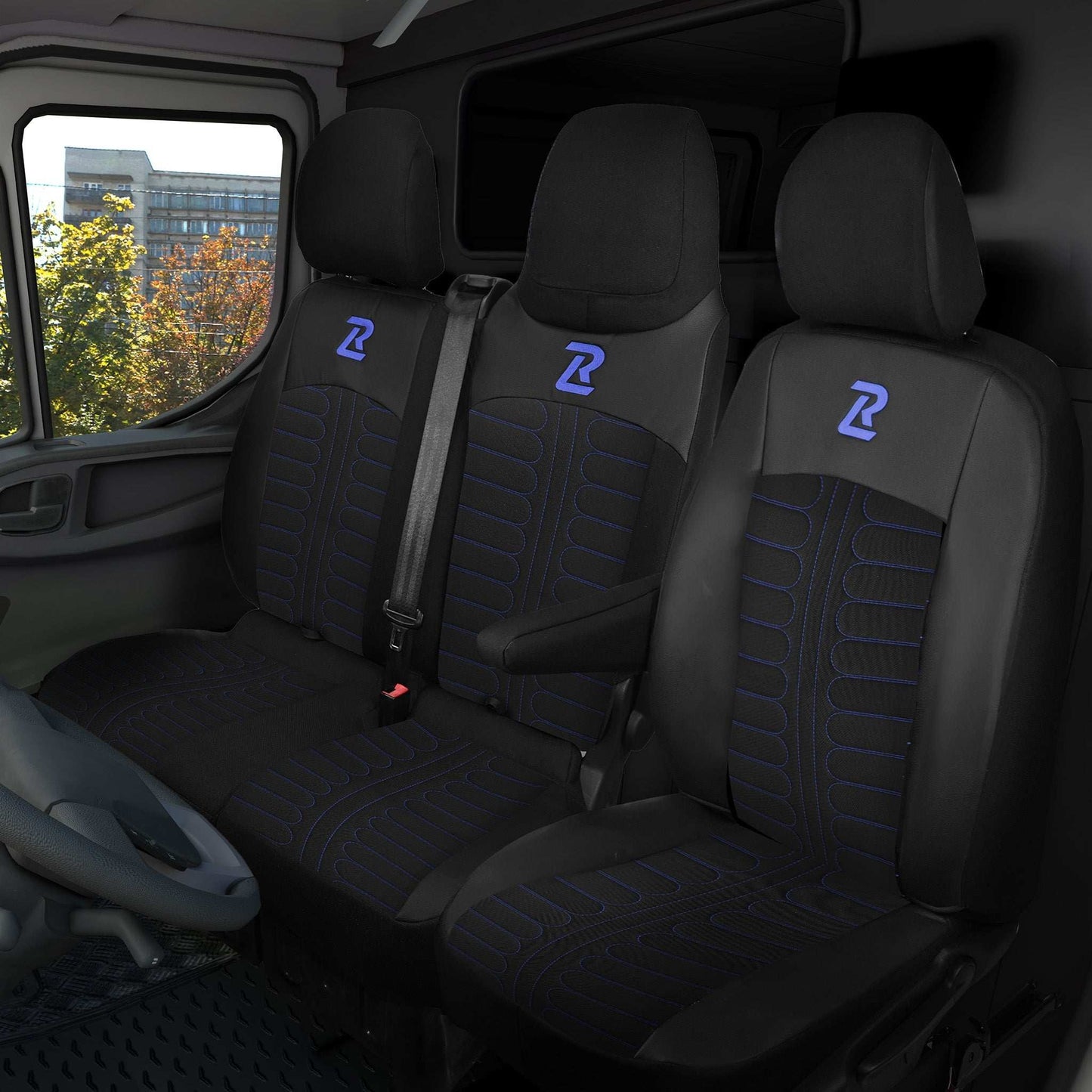 Pokrowce na fotele TORNADO Renault Trafic 3, Opel Vivaro B, Fiat Talento, Nissan NV300 1+2 (Kanapa z fotelem lotniczym, siedzisko dzielone) - Czarno niebieskie