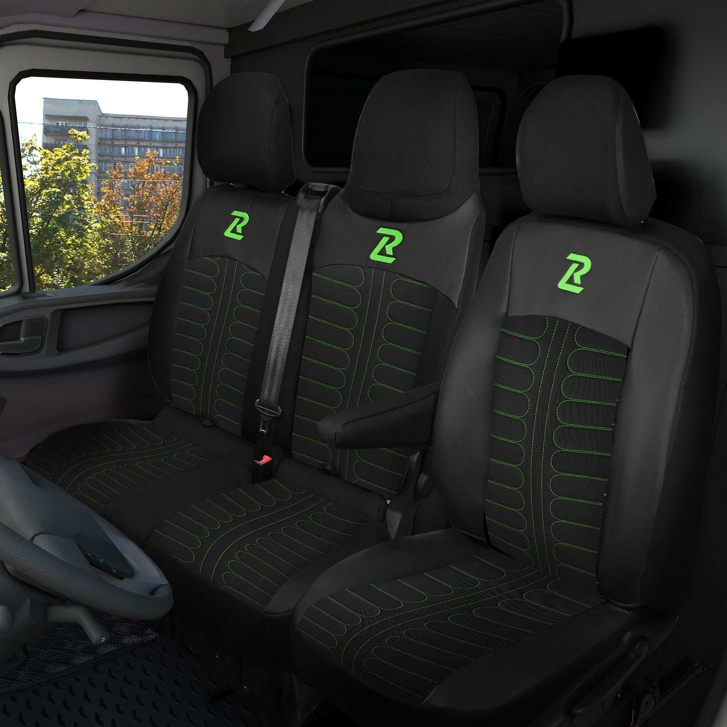Pokrowce na fotele TORNADO Renault Trafic 3, Opel Vivaro B, Fiat Talento, Nissan NV300 1+2 (Kanapa z fotelem lotniczym, siedzisko dzielone) - Czarno zielone
