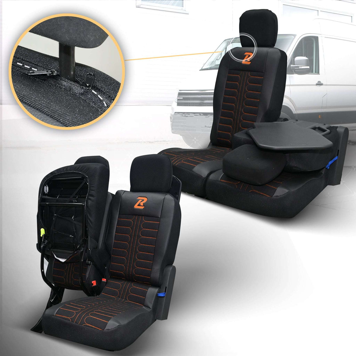 Pokrowce na fotele samochodowe TORNADO Citroen Berlingo 3, Fiat Doblo 3, Peugeot Partner 3, Opel Combo E, Toyota Proace City 1+2 Czarno - Pomarańczowy