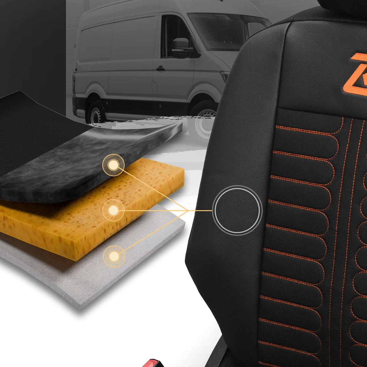 Pokrowce na fotele samochodowe TORNADO Citroen Berlingo 3, Fiat Doblo 3, Peugeot Partner 3, Opel Combo E, Toyota Proace City 1+2 Czarno - Pomarańczowy