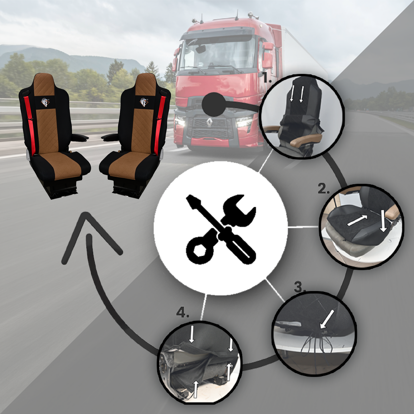 Pokrowce na fotele Renault Gama T od 2014 kierowca lotniczy, pasażer lotniczy 2 pasy BRĄZ SABA