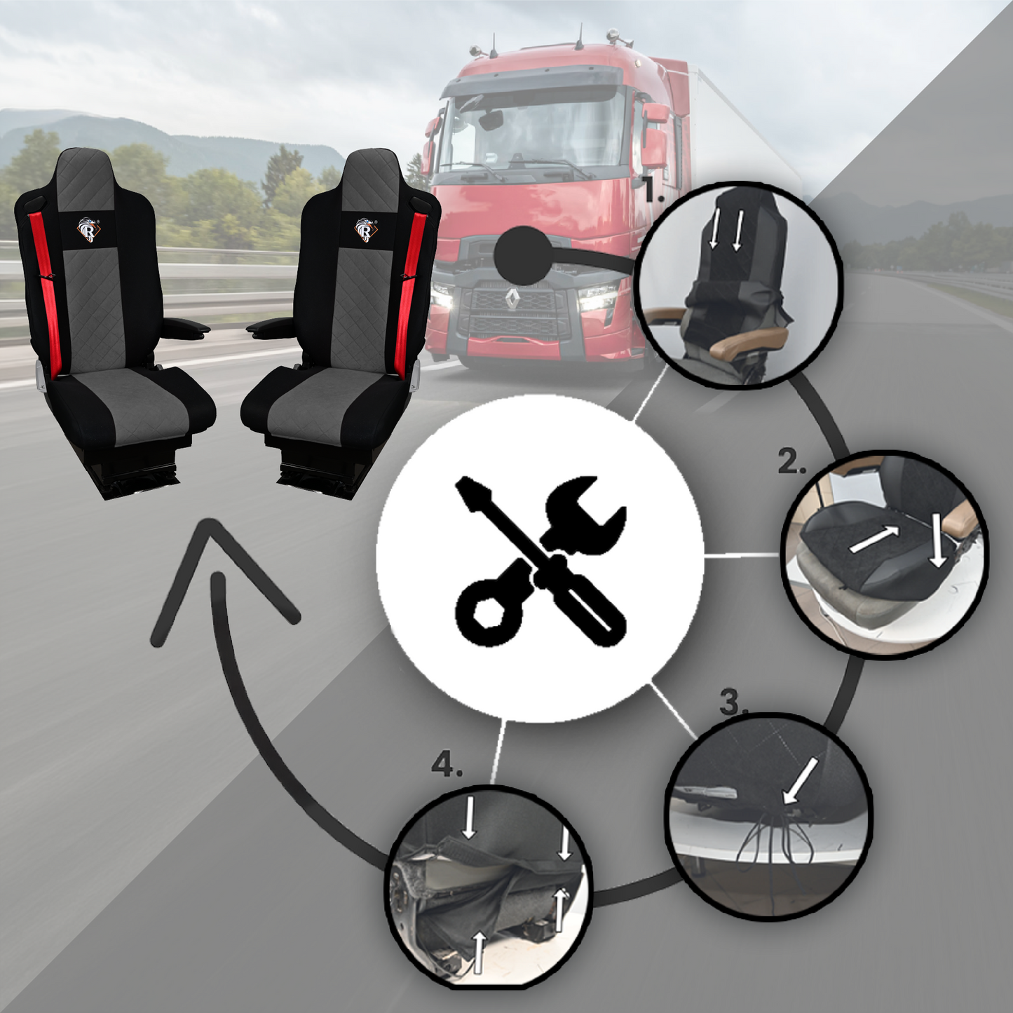 Pokrowce na fotele Renault Gama T od 2014 kierowca lotniczy, pasażer lotniczy 2 pasy SZARE SABA