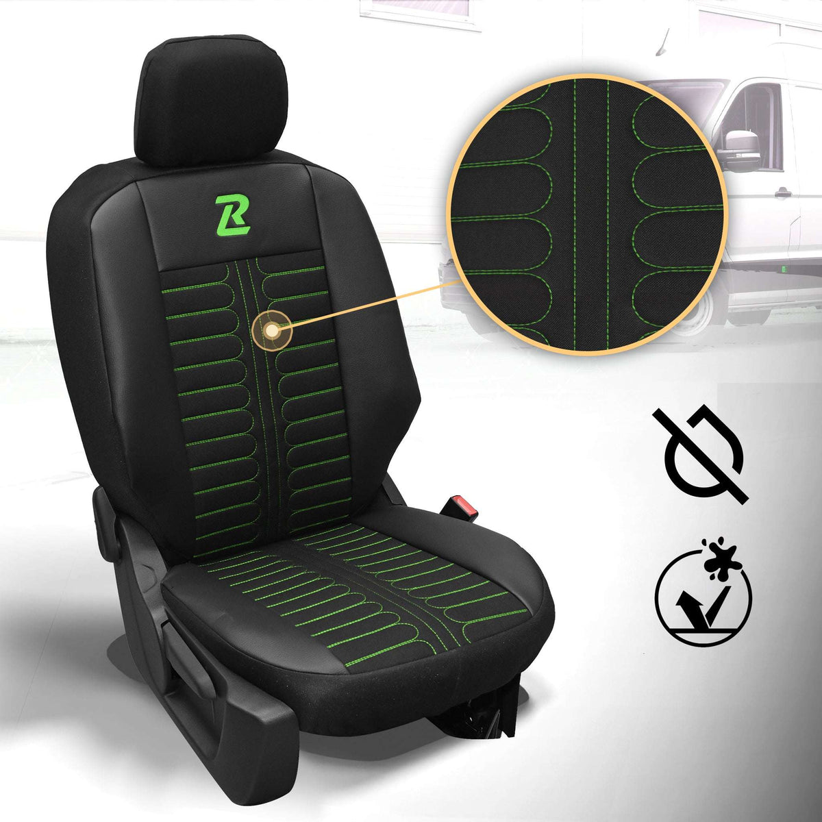 Pokrowce na fotele samochodowe TORNADO Citroen Berlingo 3, Fiat Doblo 3, Peugeot Partner 3, Opel Combo E, Toyota Proace City 1+2 Czarno - Zielone