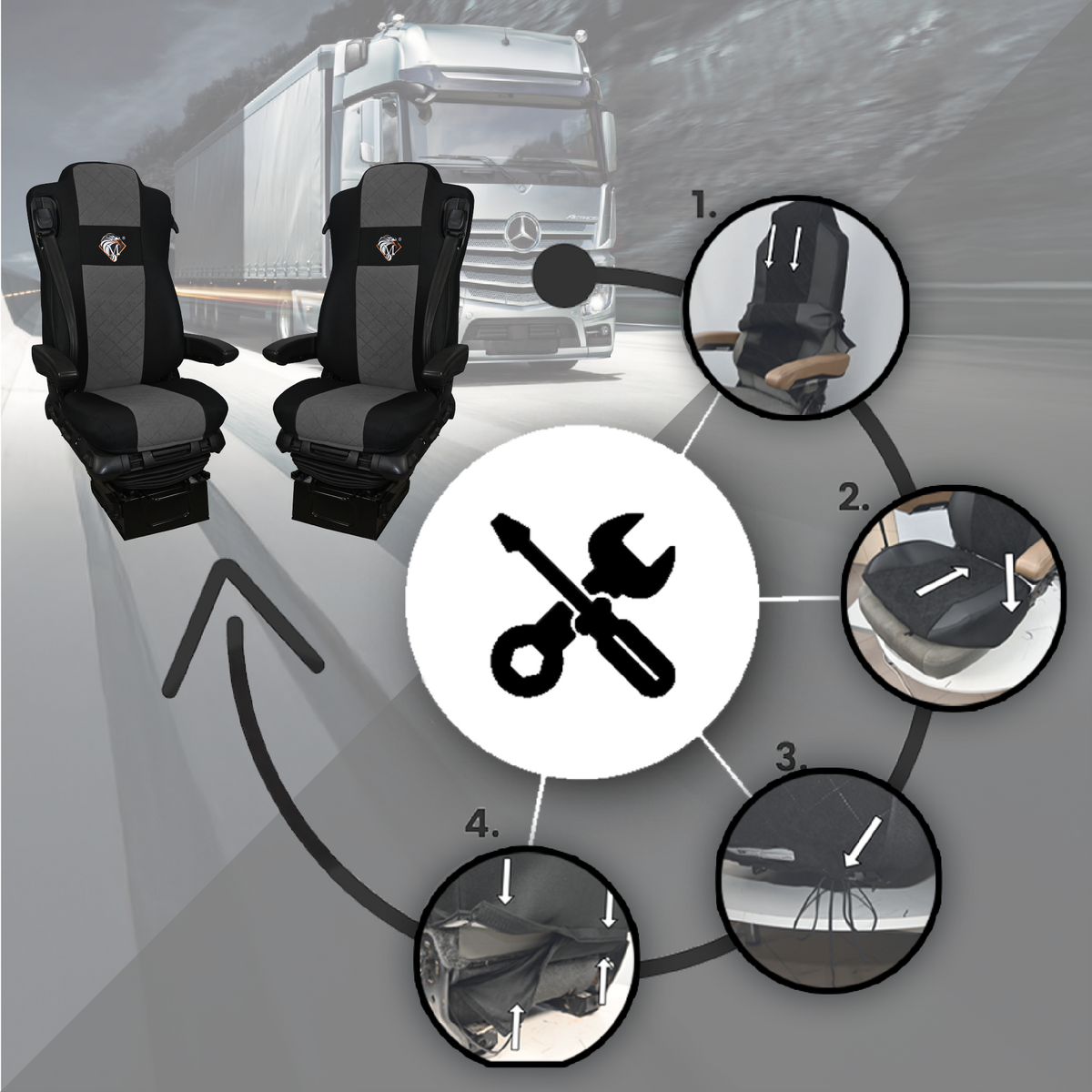 Pokrowce na fotele MERCEDES ACTROS MP4, AROX od 2011, MP5 od 2019 pasażer amortyzowany SZARE SABA