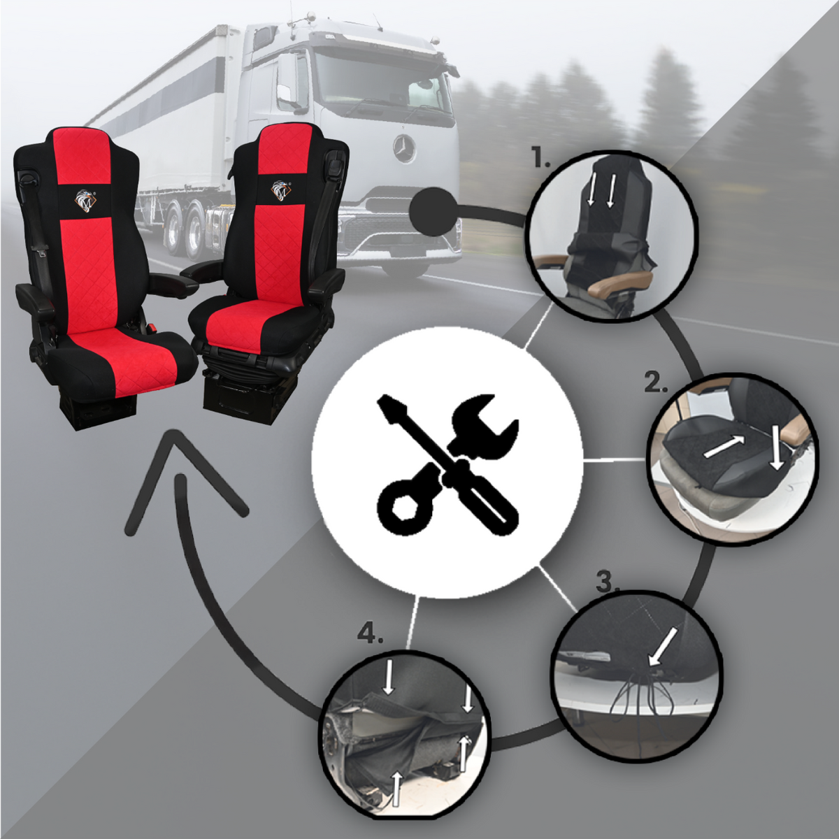 Pokrowce na fotele MERCEDES ACTROS L od 2022 2pasy, fotele lotnicze, fotel pasażera nieamortyzowany CZERWONY SABA