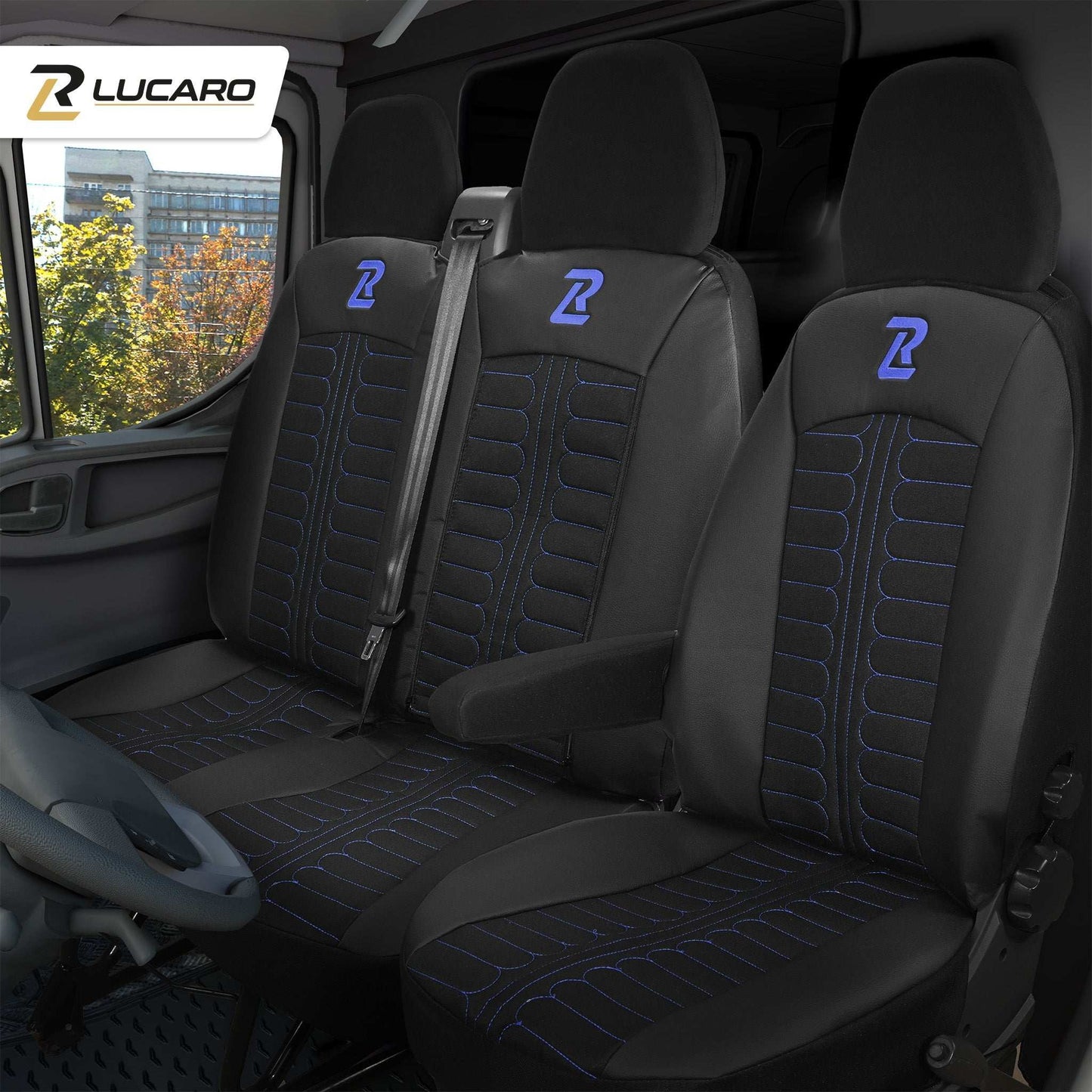 Pokrowce na fotele TORNADO Fiat Ducato, Peugeot Boxer, Citroen Jumper, Opel Movano C, RAM Promaster CZARNO - NIEBIESKI
