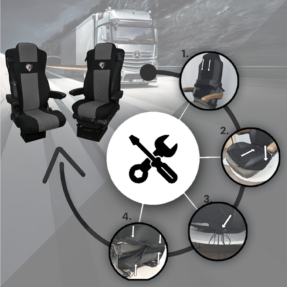 Pokrowce na fotele MERCEDES ACTROS MP4, AROX od 2011, MP5 od 2019 pasażer nieamortyzowany SZARE SABA