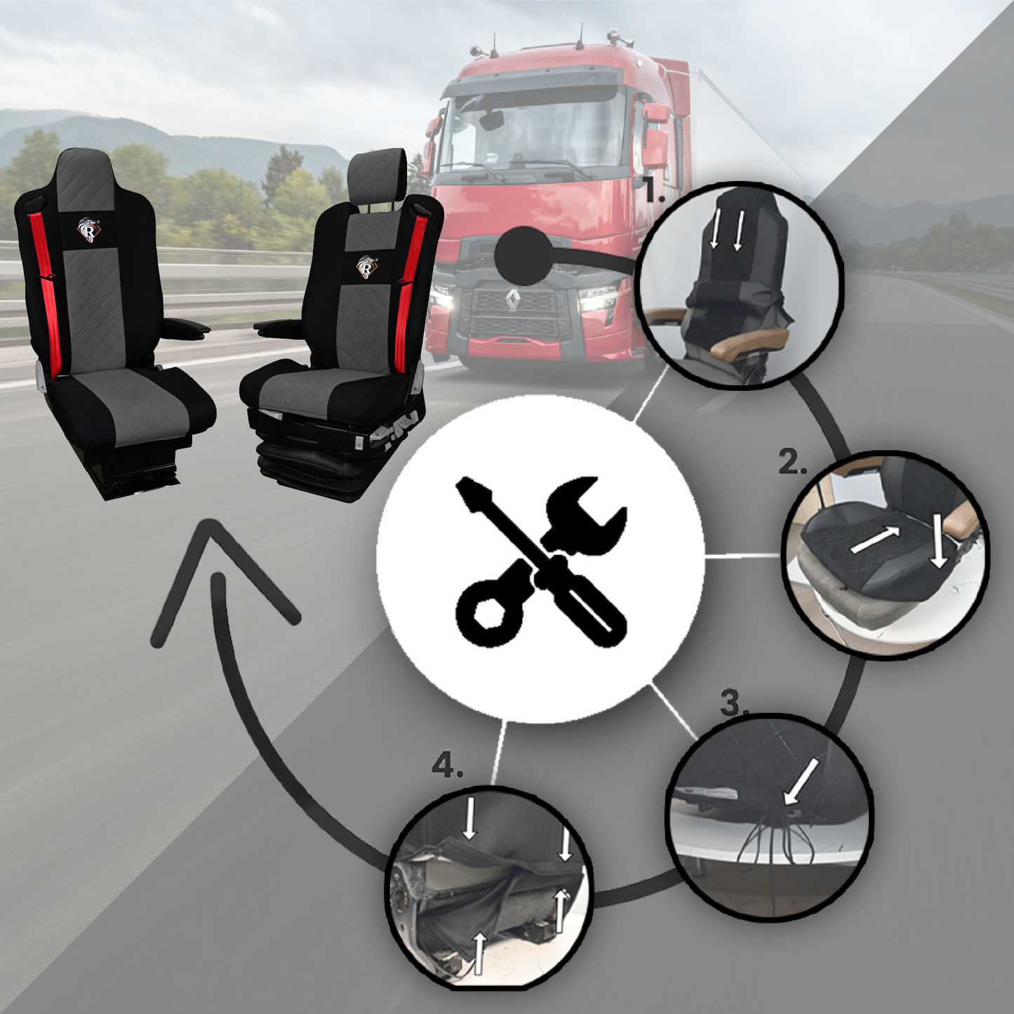 Pokrowce na fotele Renault Gama T od 2014 kierowca z zagłówkiem, pasażer lotniczy 2 pasy SZARE SABA