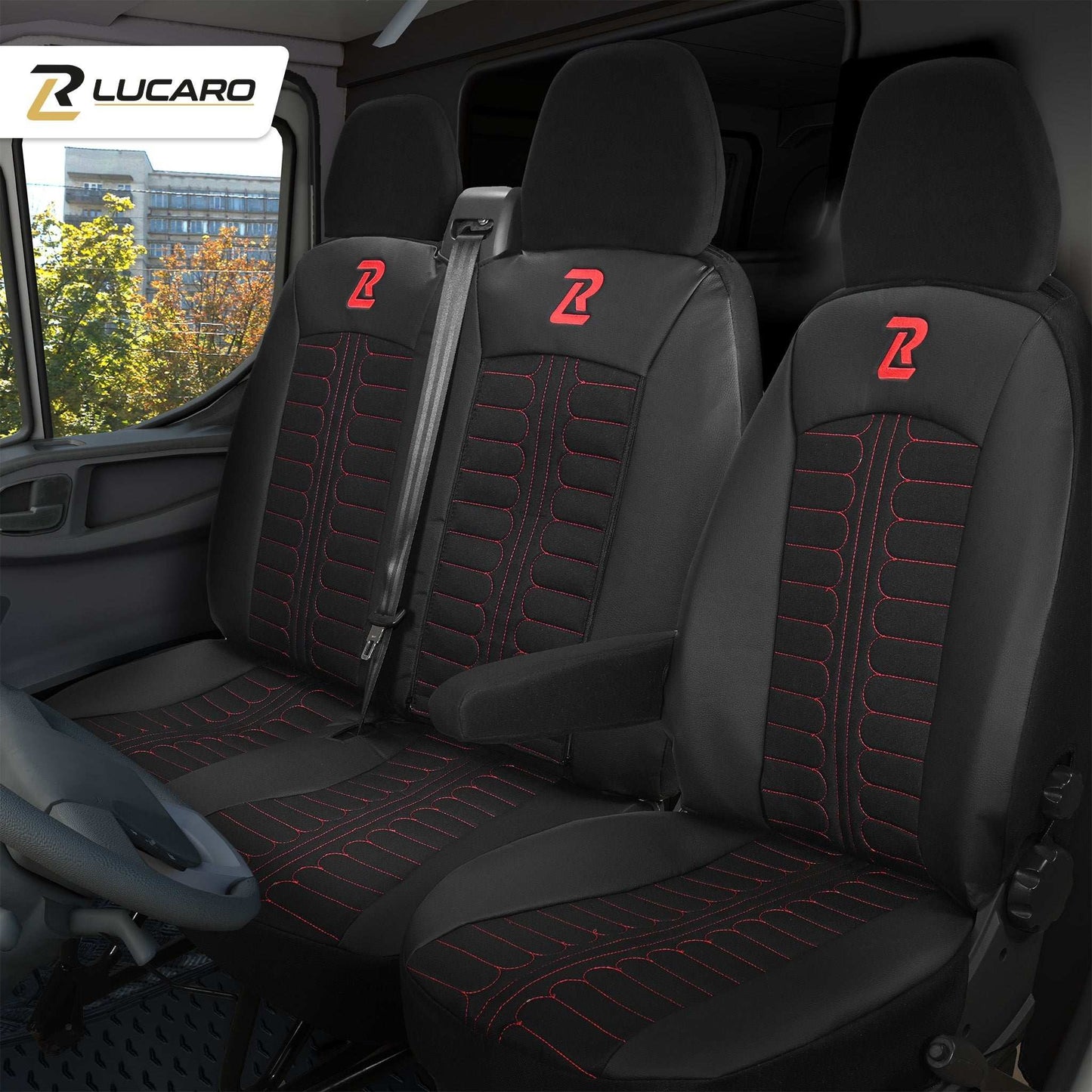 Pokrowce na fotele TORNADO Fiat Ducato, Peugeot Boxer, Citroen Jumper, Opel Movano C, RAM Promaster CZARNO - CZERWONY