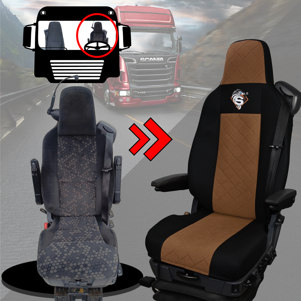 Pokrowce na fotele SCANIA seria R od 2013, seria S od 2017, fotele różne 2 pasy, fotel kierowcy PREMIUM, fotel pasażera BASIC - KONFIGURACJA E - BRĄZ SABA