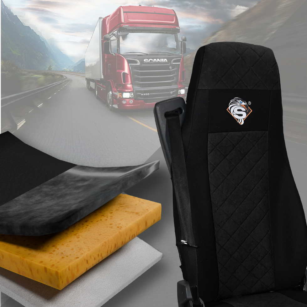 Pokrowce na fotele SCANIA seria R od 2004, 1+1, fotele lotnicze 2 pasy, fotel kierowcy i pasażera BASIC - KONFIGURACJA C - CZARNY SABA