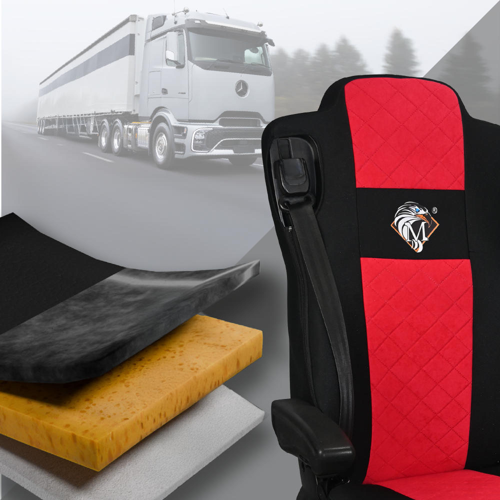 Pokrowce na fotele MERCEDES ACTROS L od 2022 2pasy, fotele lotnicze, fotel pasażera amortyzowany CZERWONY SABA