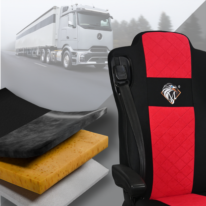 Pokrowce na fotele MERCEDES ACTROS L od 2022 2pasy, fotele lotnicze, fotel pasażera amortyzowany CZERWONY SABA