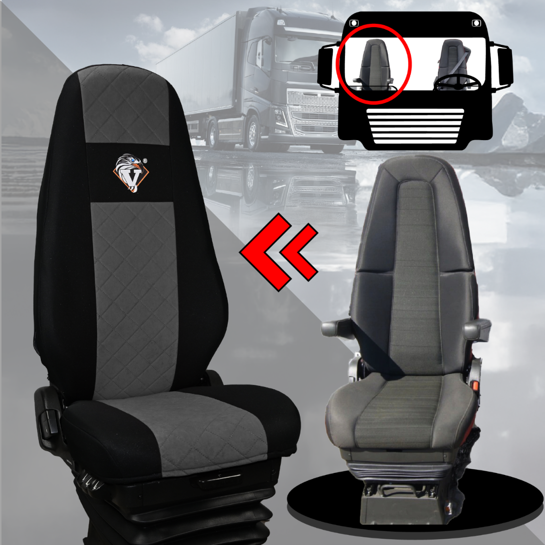 Pokrowce na fotele VOLVO FH4, FH, FH16, FMX, FM od 2013, FH5 od 2021, AERO od 2024  - 1 pas SZARE SABA