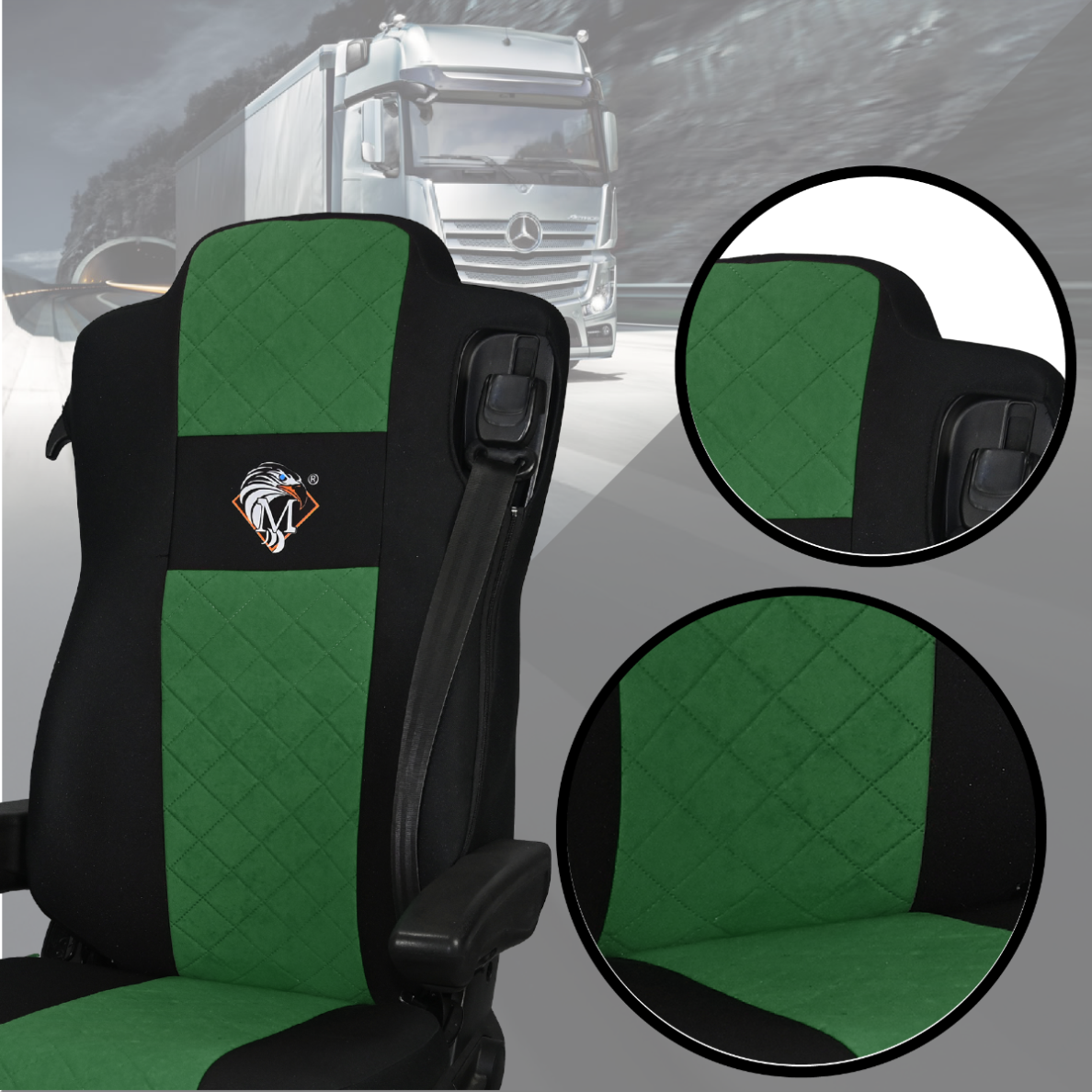 Pokrowce na fotele MERCEDES ACTROS MP4, AROX od 2011, MP5 od 2019 pasażer amortyzowany ZIELONY SABA