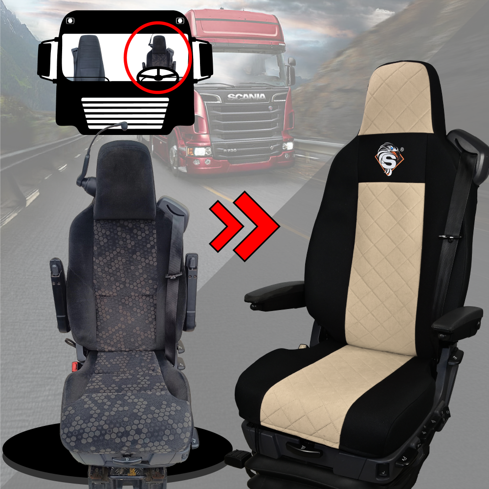 Pokrowce na fotele SCANIA seria R od 2013, seria S od 2017, fotele różne 2 pasy, fotel kierowcy PREMIUM, fotel pasażera BASIC - KONFIGURACJA E - BEŻ SABA