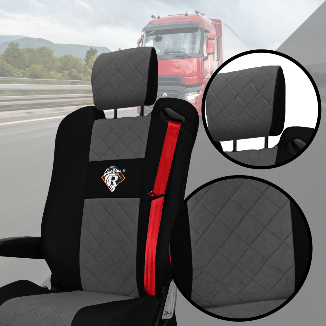Pokrowce na fotele Renault Gama T od 2014 kierowca z zagłówkiem, pasażer lotniczy 2 pasy  SZARE SABA