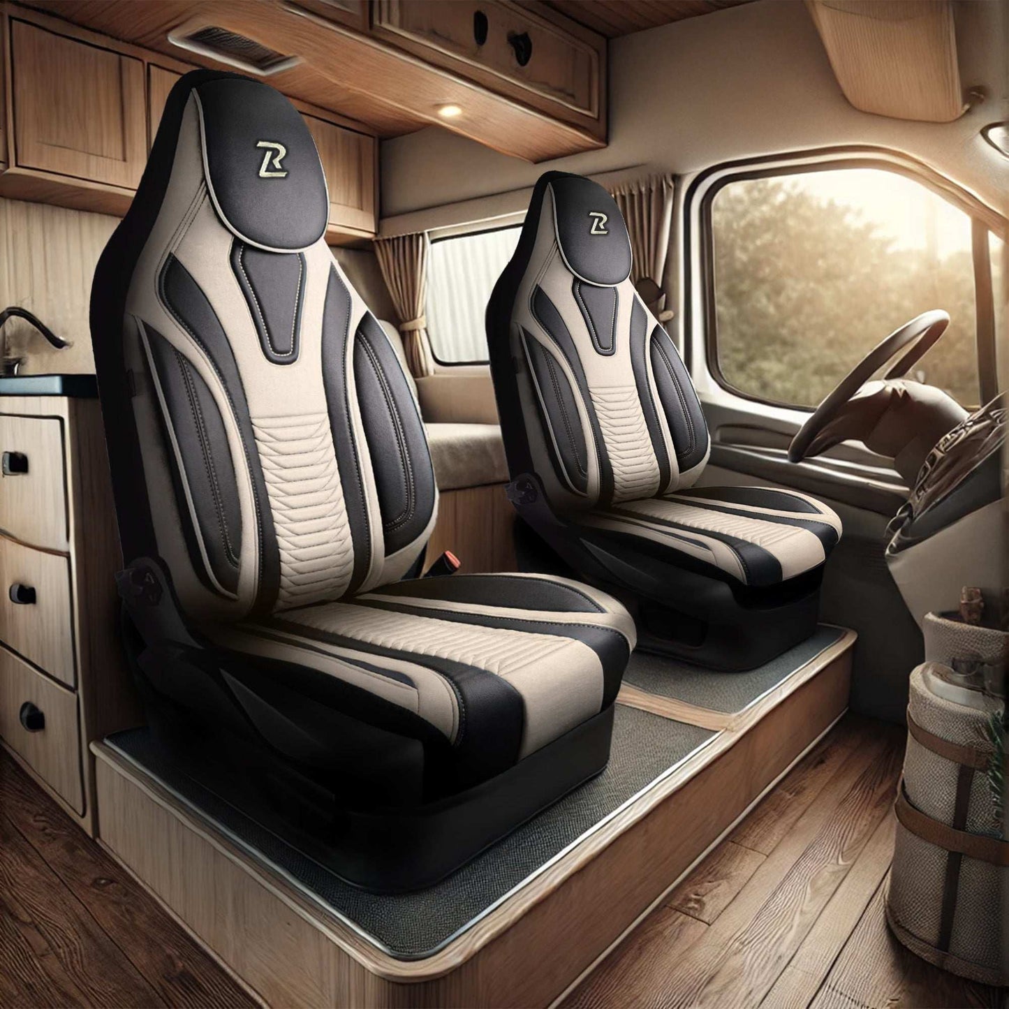 Pokrowce na fotele do Kampera Fiat Ducato, Peugeot Boxer, Citroen Jumper, Opel Movano C - PORTOFINO - Beżowo czarne 